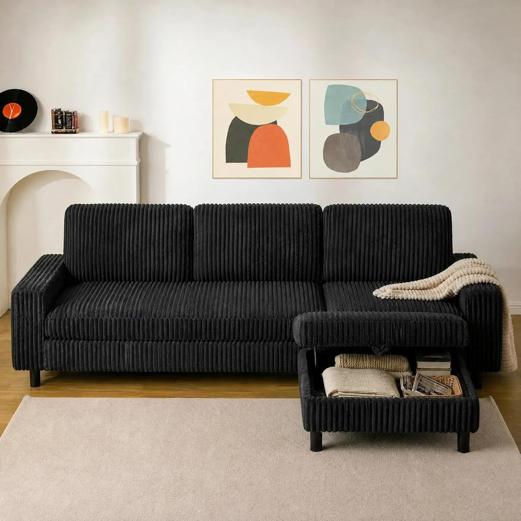 200Cm L Shaped Sofa with Movable Storage Ottoman, Black | 3-Seater Modular Sectional Sofa, Corduroy Couch, Wooden Frame, Deep Seat, Ideal for Living Room