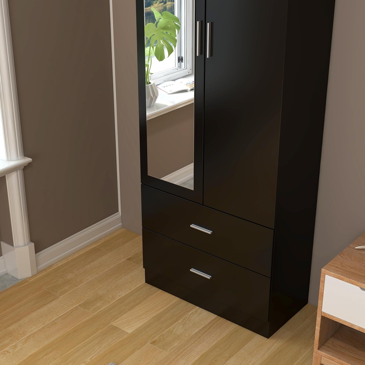2 Door 2 Drawers Mirrored Wardrobe with Hanging Rail Wooden Clothes Storage Cupboards Unit for Bedroom Furniture 77 X 50 X 180 Cm (Black)