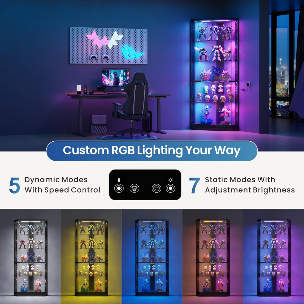 69" Corner RGB Glass Display Cabinets with Lock for Curio,Black | 5 Tier Modern Curio Cabinet with Dynamic Lighting,Storage Bookcase Cabinet with Glass Door for Study,Living Room,Bedroom