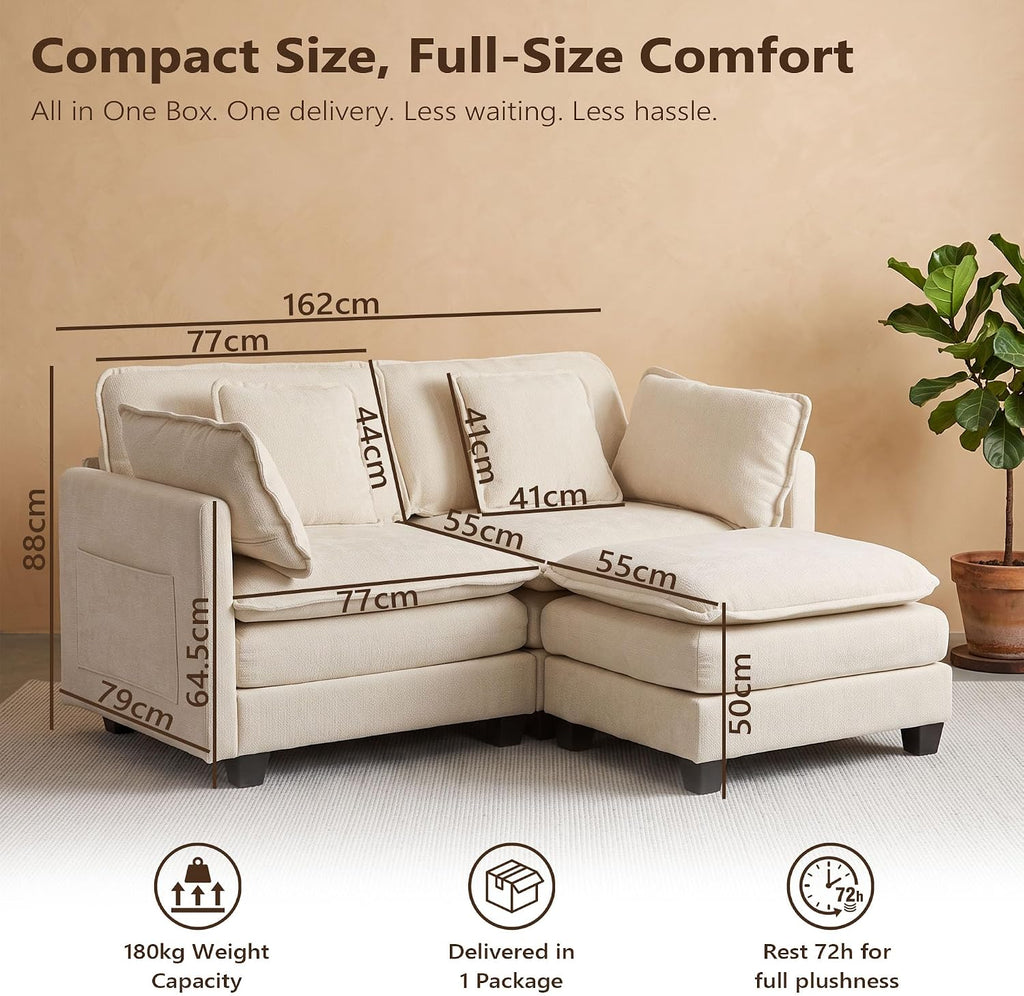 L Shaped Sofa, 162Cm Chenille 2 Seater with Ottoman, Begie | Deep-Seat Modular Design with a Movable Ottoman Footstool for Living Rooms, Bedrooms and Small Spaces