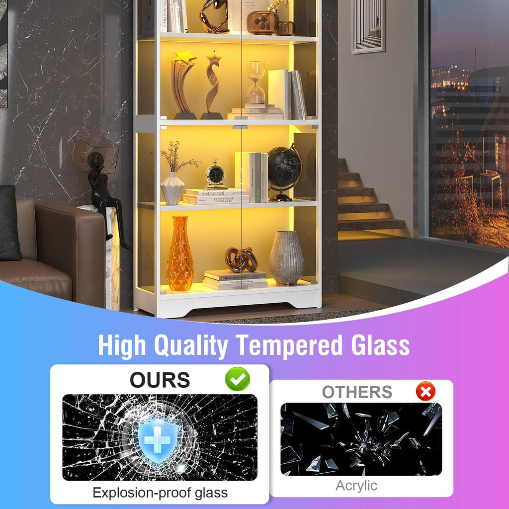 Display Cabinet with Glass Doors, 63" Tall Curio Cabinet with Human Sensor RGB LED Lights, 4-Tier Glass Display Case with 15Mm Thick Shelves for Action Figures, Collectibles, Books - White