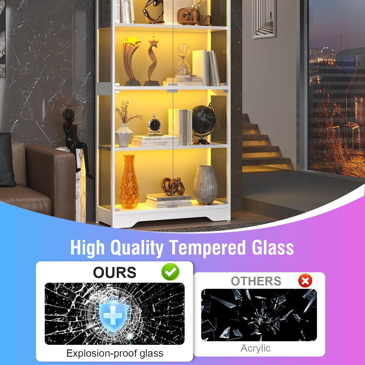 Display Cabinet with Glass Doors, 63" Tall Curio Cabinet with Human Sensor RGB LED Lights, 4-Tier Glass Display Case with 15Mm Thick Shelves for Action Figures, Collectibles, Books - White