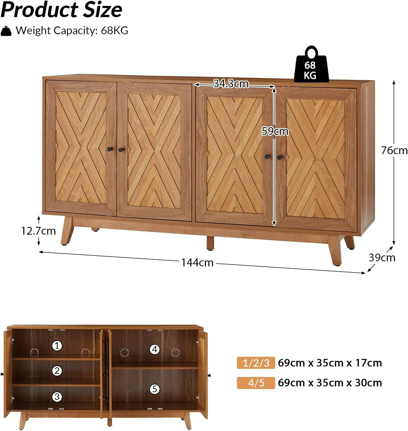 145 Cm Mid-Century Sideboard with Adjustable Shelves, Walnut | 4-Door Storage Cabinet with Chevron-Patterned Design, Solid Wood Legs, Ample Storage for Living Room or Dining Room