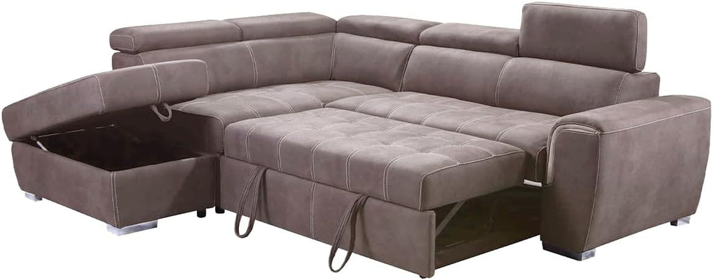 Corner Sofa Bed | Nevada Large Brown L Shaped Suede Mushroom | Tilting Headrest and Storage Ottoman Included (Left Hand Facing + Ottoman)