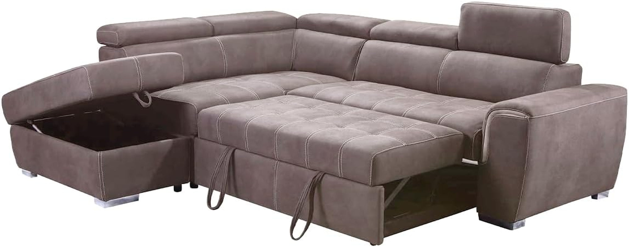 Corner Sofa Bed | Nevada Large Brown L Shaped Suede Mushroom | Tilting Headrest and Storage Ottoman Included (Left Hand Facing + Ottoman)