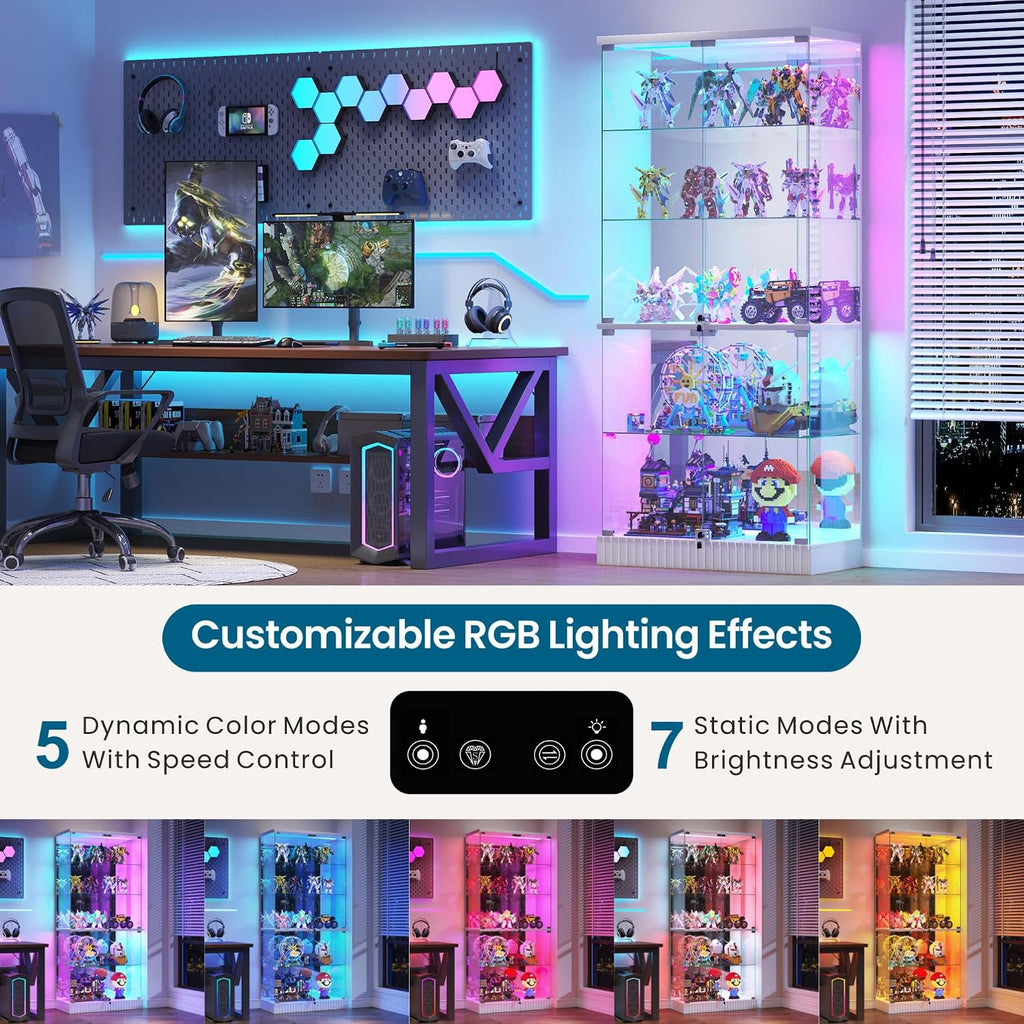 5 Tier Glass Display Cabinet Withrbg Lights for Collectibles,White