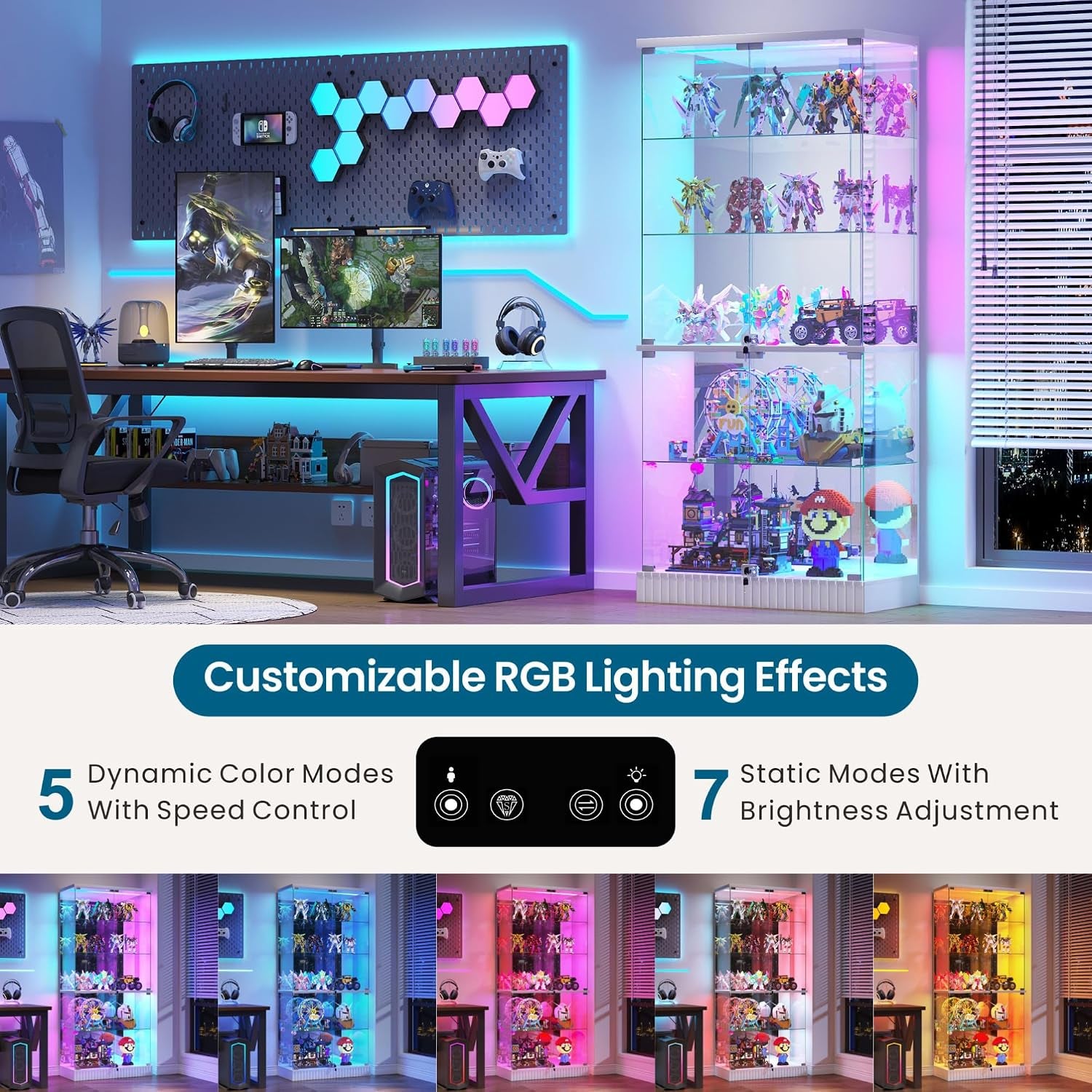 5 Tier Glass Display Cabinet Withrbg Lights for Collectibles,White