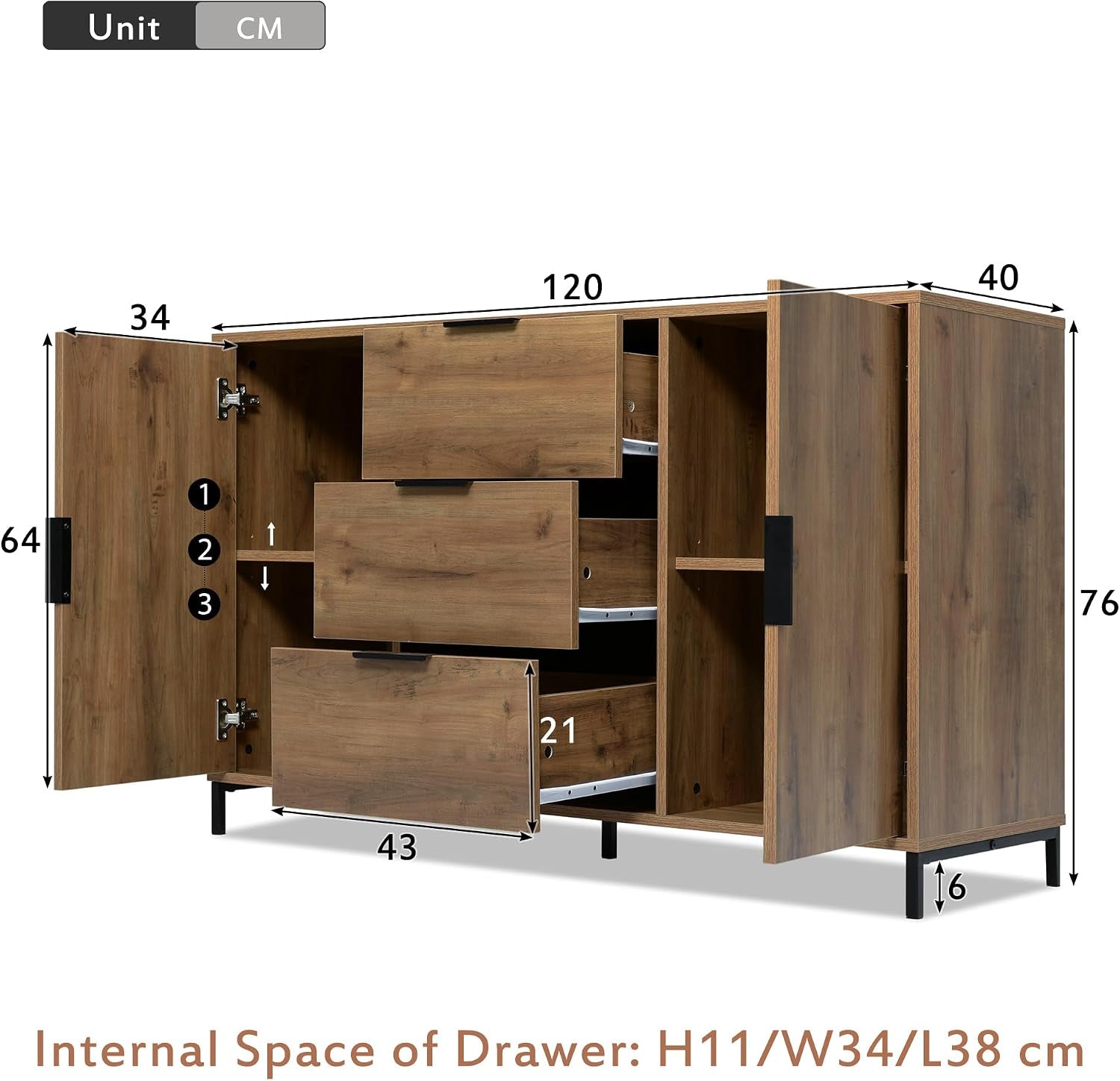 Sideboard Cabinet Cupboard with 2 Doors and 3 Drawers, Rustic Sideboards for Living Room, Kitchen, and Hallway, Adjustable Shelf, 120 X 40 X 76 Cm, Dark Oak