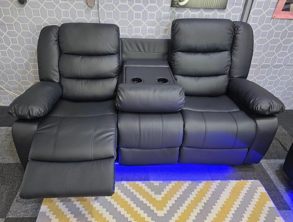 Madrid Leather Electric Recliner Sofa with Cupholders - Leather Sofa - 3+2 Seater - USB Charging Ports - LED Lights (Black, 3 Seater)