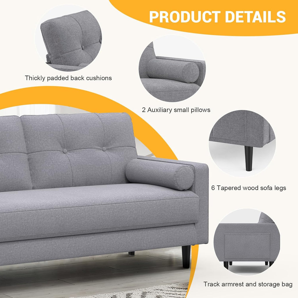 2 Seater Sofa, Thick Cushions,2 Pillows & Pockets (Ash Grey) | Comfy Linen 2 Seater Sofa Couch, 2 Pillows & Side Pockets Storage, Ergonomic Design, Easy Assembly for Living Room, Office