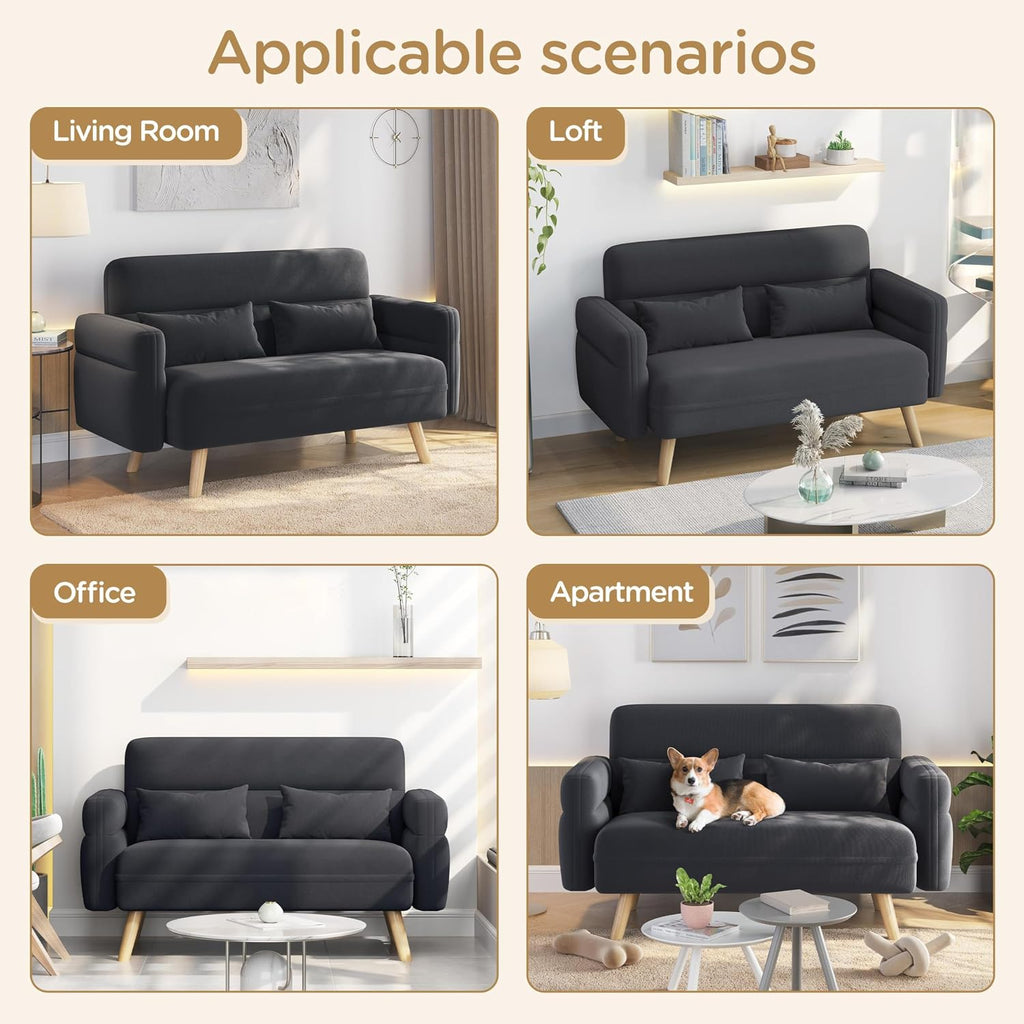 116Cm Fabric 2 Seater Loveseat Sofa with 2 Pillows, Dark Grey | Tapered Solid Wood Legs, Fabric Upholstery, Compact Size, 2 Matching Pillows, Ideal for Dorm, Office, Bedroom & Living Room