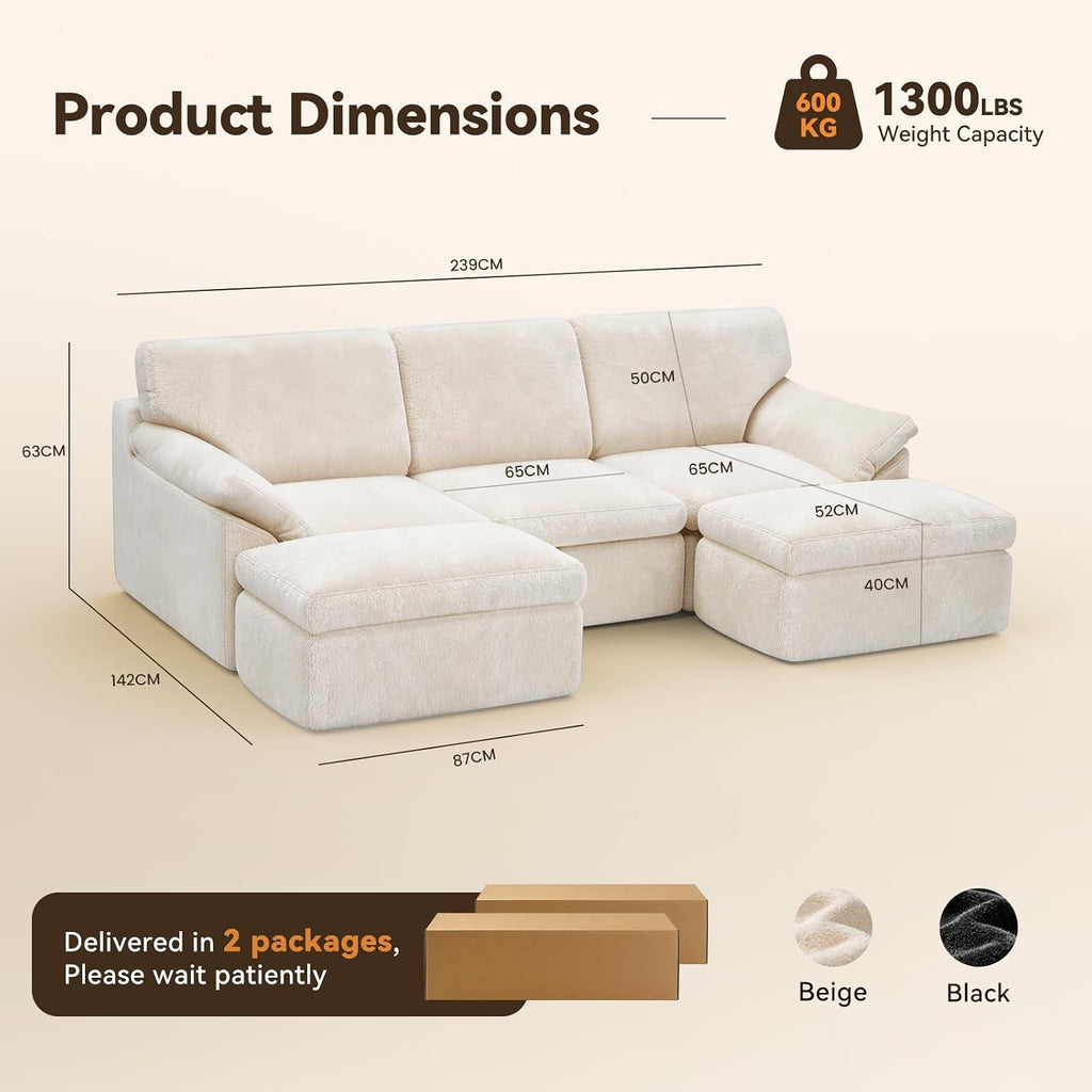 Boneless Cloud Sectional Sofa, 240Cm Modular Chenille Couch, Beige | No Assembly Needed, Expands in 72Hrs, 380Gsm Skin-Friendly Chenille Fabric, Perfect for Living Rooms & Apartments