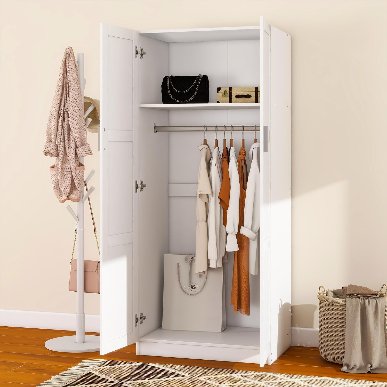 2 Door Wardrobe Double Wardrobe Closet with Storage Shelf & Hanging Rail Bedroom Furniture, 72 X 47 X 169Cm, White