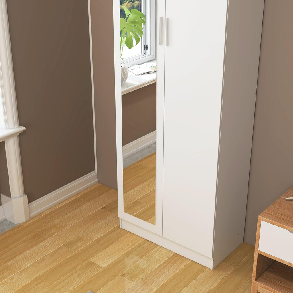 2 Door Mirrored Wardrobe with Hanging Rail Wooden Clothes Storage Cupboards Unit for Bedroom Furniture 72 X 47 X 170 Cm (White)
