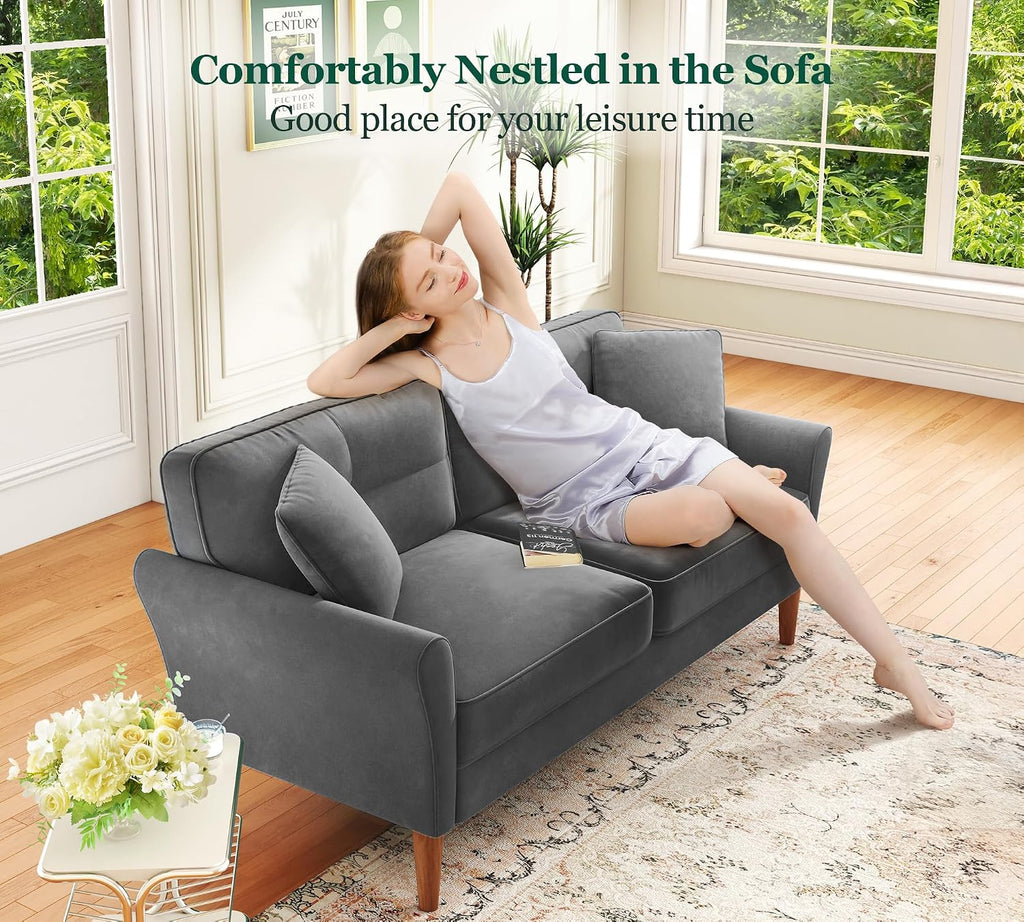 3 Seater Sofas 175CM, Velvet Small Sofa with 53Cm Deep Seat, Modern Couch 318Kg Capacity, Comfy Love Seat Tool-Free Setup, Large 2 Seater Sofa in a Box, Loveseat Couch for Living Room