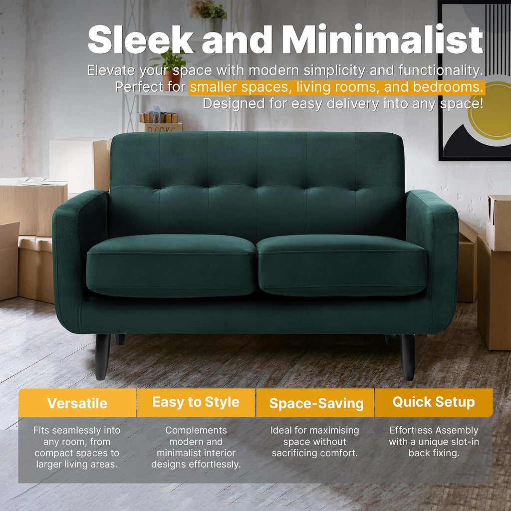 Oslo 2 Seater Compact Sofa in Dark Green Velvet Fabric | W130 X D80 X H80 Cm, Padded Cushions, 2 Couch for Modern Living Rooms, Bedrooms & Flats, Velvet Fabric