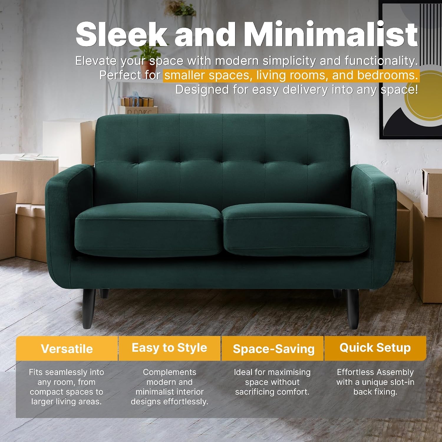 Oslo 2 Seater Compact Sofa in Dark Green Velvet Fabric | W130 X D80 X H80 Cm, Padded Cushions, 2 Couch for Modern Living Rooms, Bedrooms & Flats, Velvet Fabric