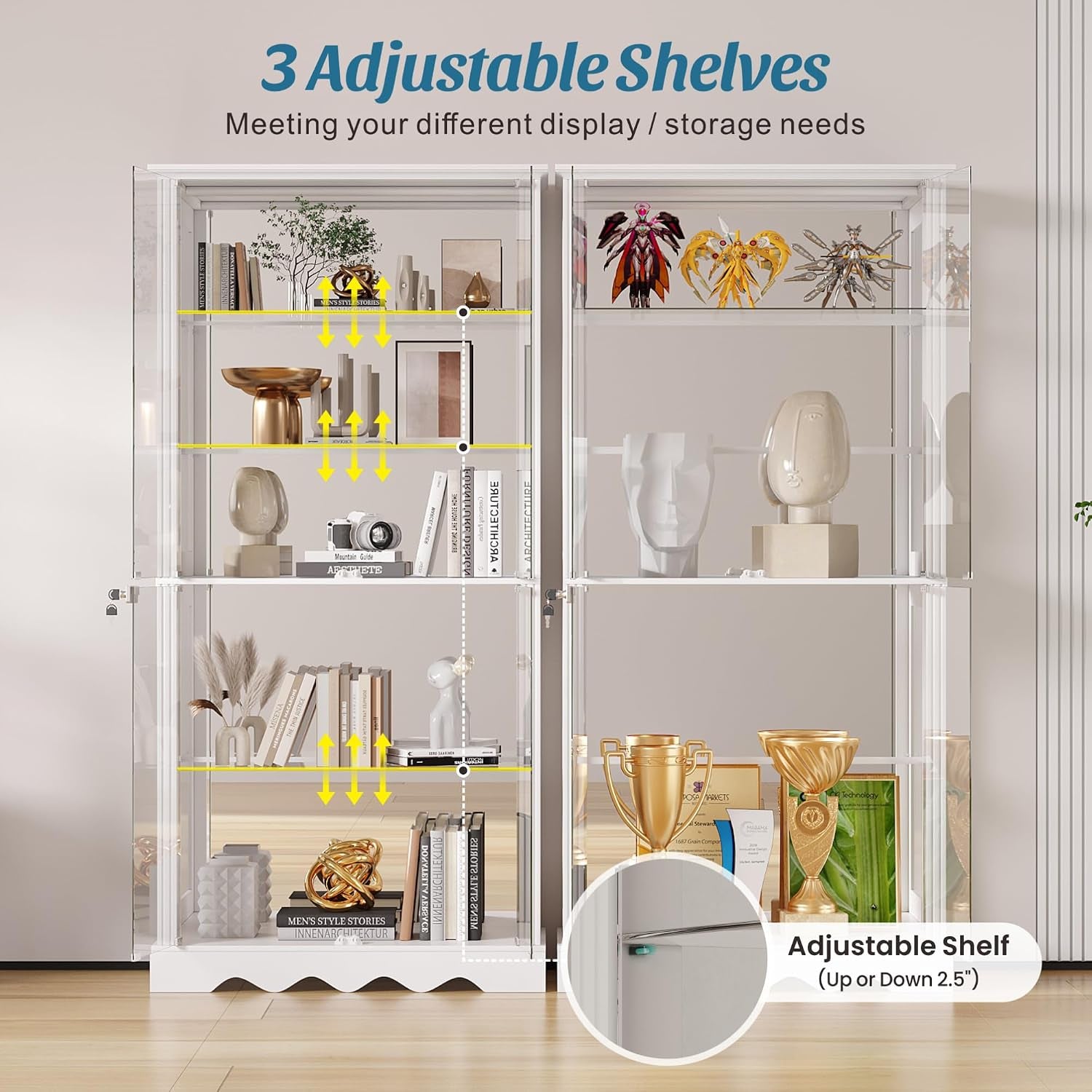 Glass Display Cabinet with Lock and RGB Lights, 5-Tier, White | Curio Display Case with Glass Doors, with Adjustable Shelf and Human Sensor Design, for Collectibles/ Toys/ Books