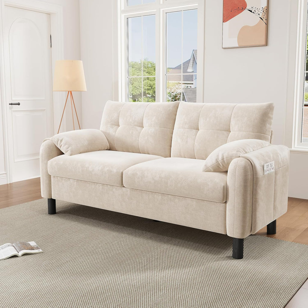 2 Seater Chenille Sofa Small Sofa with Soft Cushioned Seat Beige | Two Seater Sofa with Pillow‑Style Armrests and Side Storage Pocket, Loveseat for Small Living Rooms, Bedrooms and Apartments