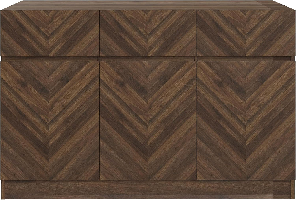 Catania Narrow Large Sideboard Cabinet Unit with 3 Storage Drawers & 3 Storage Cupboards, Walnut Furniture for Living Room, Dining Room, Hallway & Office, Royal Walnut D39.8 X H76 X W118.8Cm