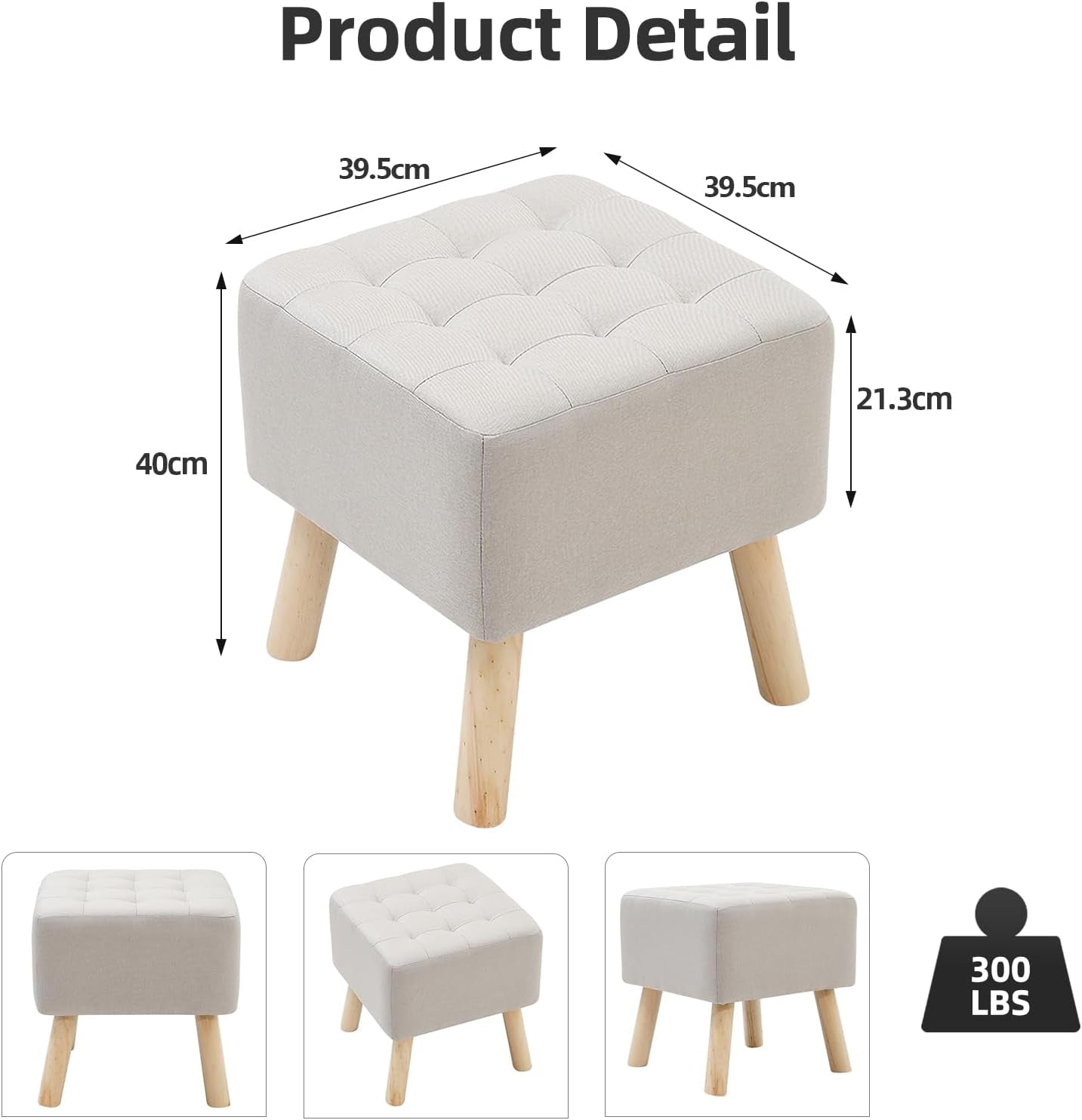 Linen Fabric Footstool Square Upholstered Stool Pouffe Stool Change Shoe Footrest Wooden Legs for Living Room Bedroom (Beige)