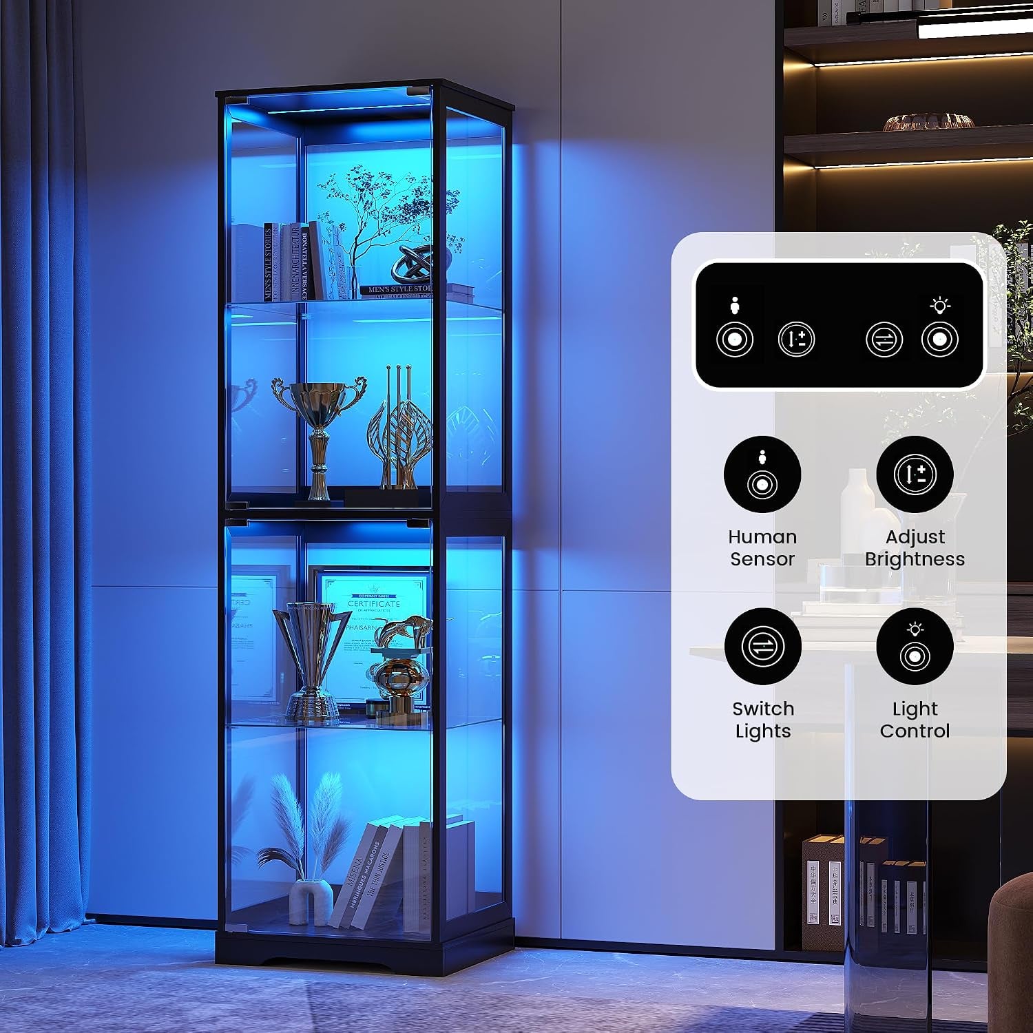 Glass Display Cabinet with LED Lights, 165CM Tall, Black | 3-Color Lights, 4-Tier Storage Shelf, Space-Saving, for Collectibles/Toys/Books, for Living Room