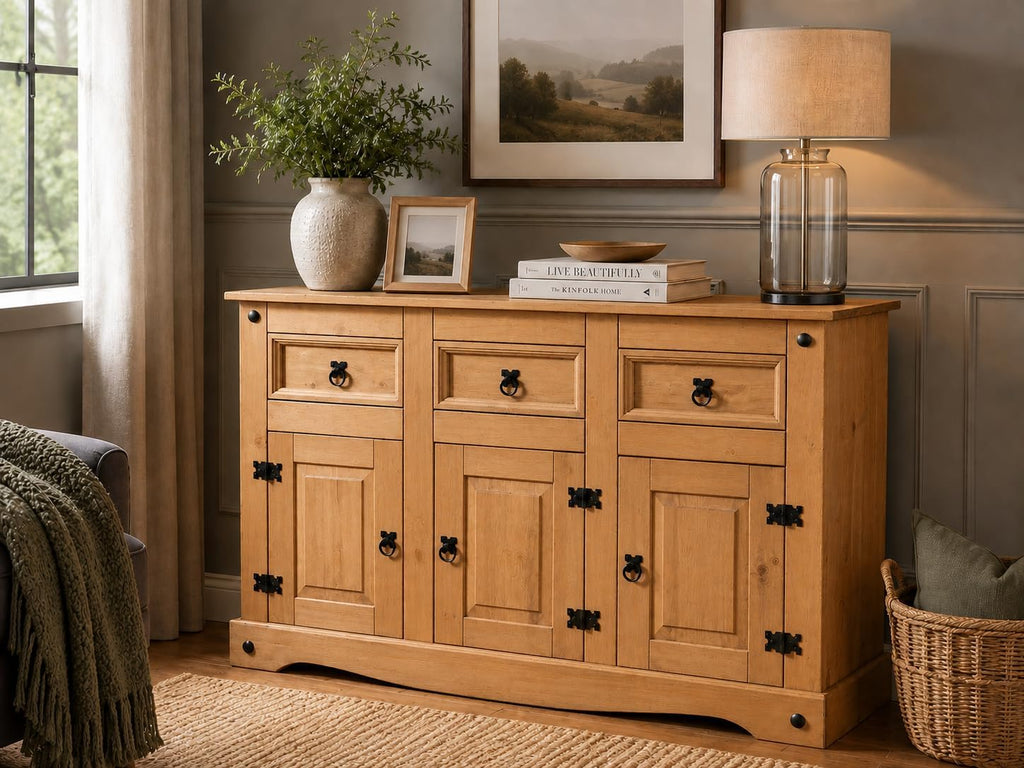 Corona Sideboard 3 Door 3 Drawer Mexican Style Solid Pine Wood Cupboard with Wax Finish Black Metal Hardware W 125 Cm X D 40 Cm X H 76 Cm