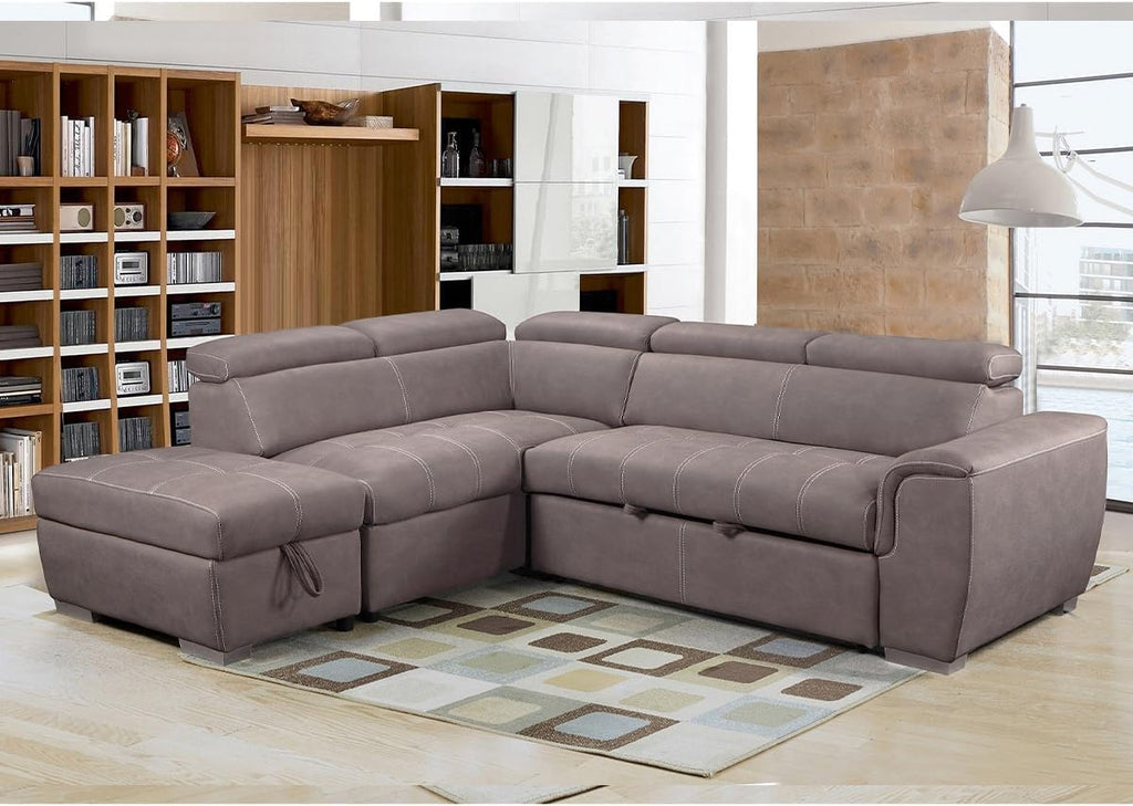 Corner Sofa Bed | Nevada Large Brown L Shaped Suede Mushroom | Tilting Headrest and Storage Ottoman Included (Left Hand Facing + Ottoman)