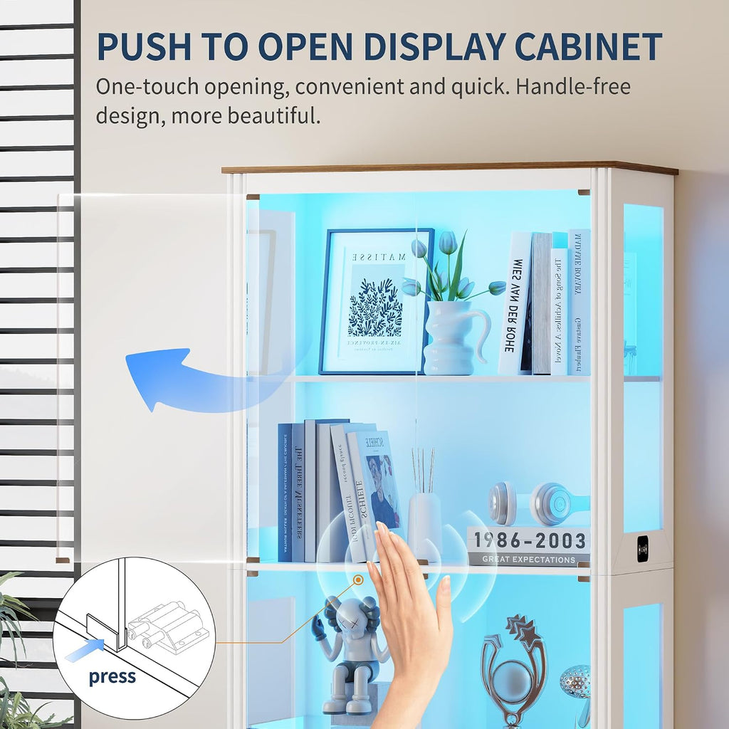 180Cm LED Display Cabinet with Glass Doors for Collectibles,White | Curio Cabinet with Glass Shelf,6-Tier Display Cases with 3 Color Lights and Human Body for Bedroom,Books,Toys