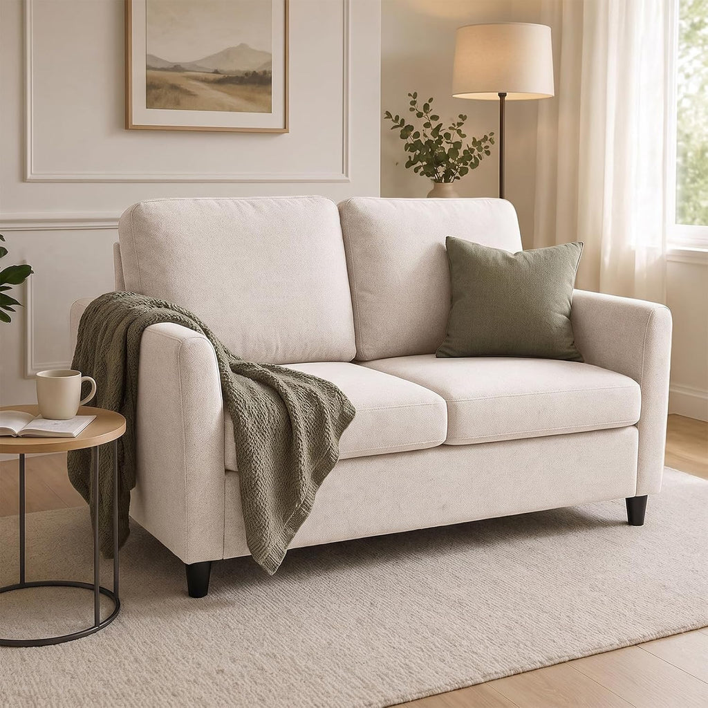 Beige 2-Seater Loveseat Sofa with Washable Covers | Quick Assembly, Cushions for Cozy Comfort,Sturdy Support, 135Cm Space-Saving,Small Apartments