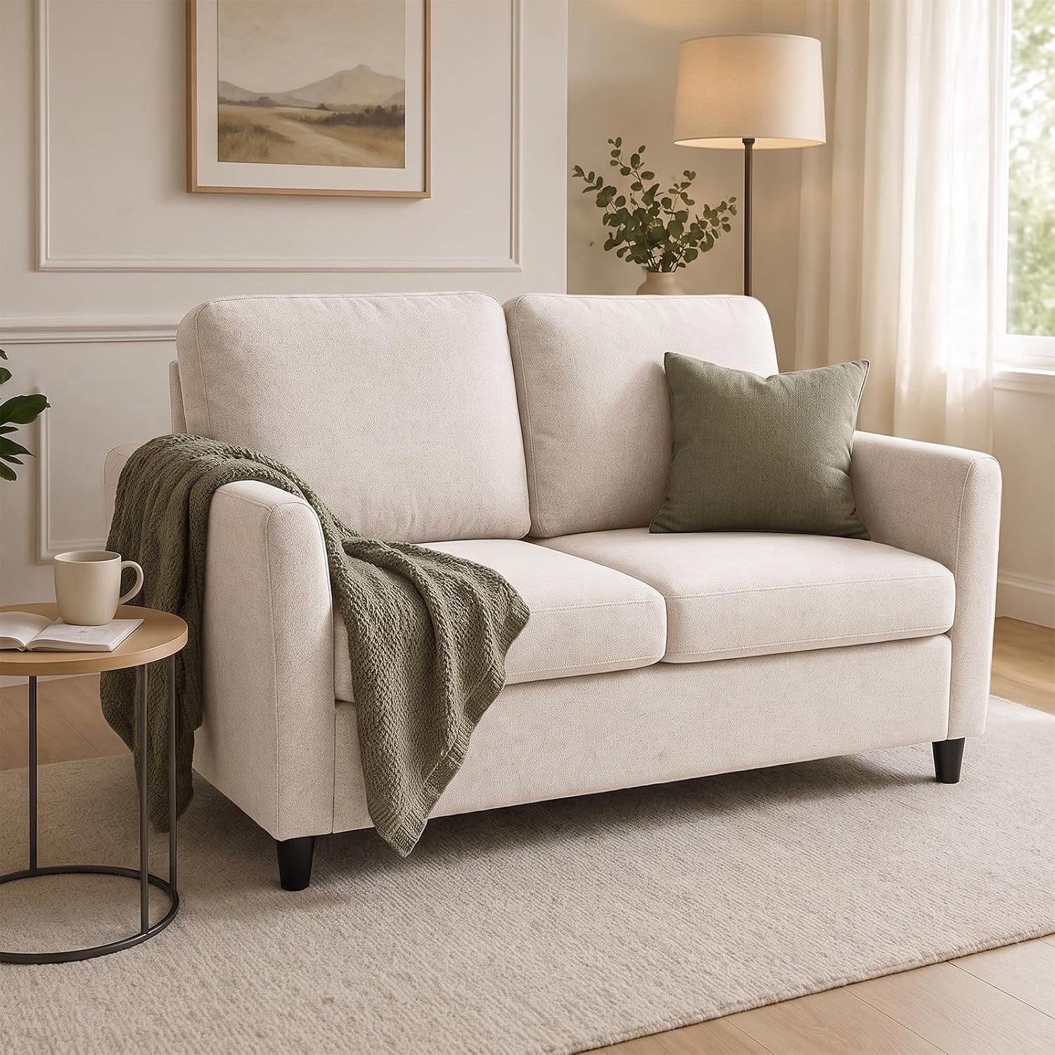 Beige 2-Seater Loveseat Sofa with Washable Covers | Quick Assembly, Cushions for Cozy Comfort,Sturdy Support, 135Cm Space-Saving,Small Apartments