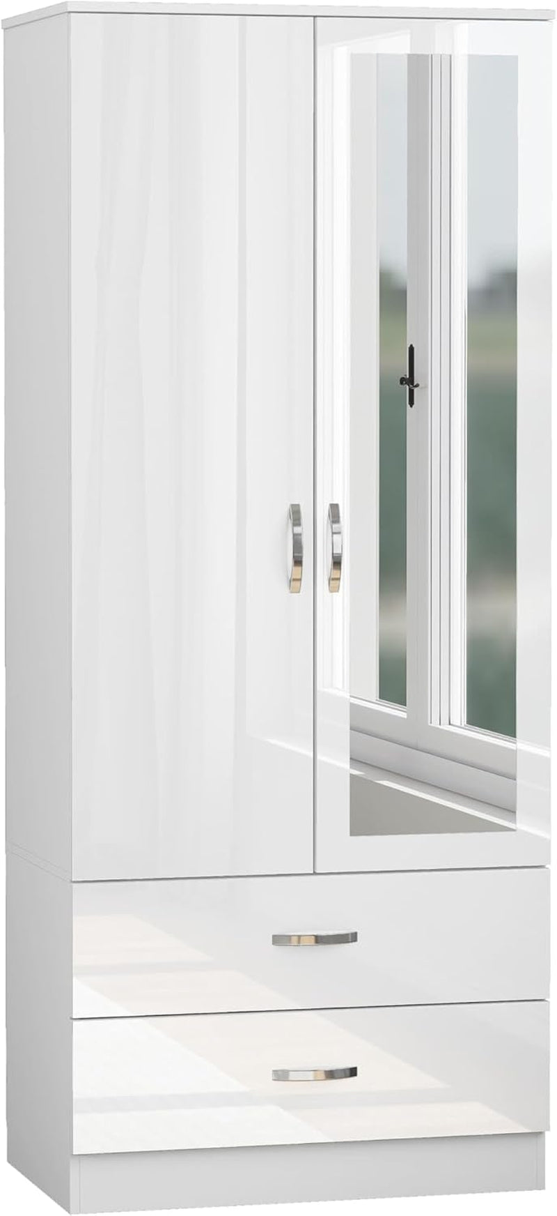 Gloss 2 Door Wardrobe with Mirror N Drawer 180Cm for Bedroom Storage, Gloss White(Matt White)