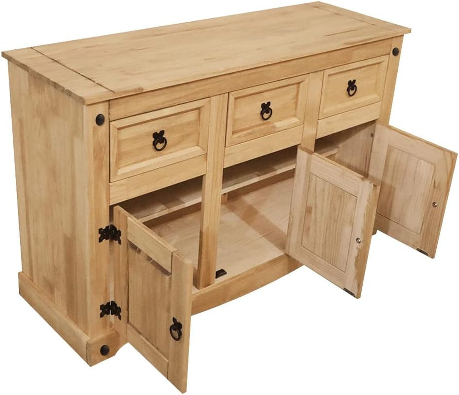 Corona Sideboard, 3 Door 3 Drawer Solid Pine Wood Sideboard Living Room Furniture,Waxed