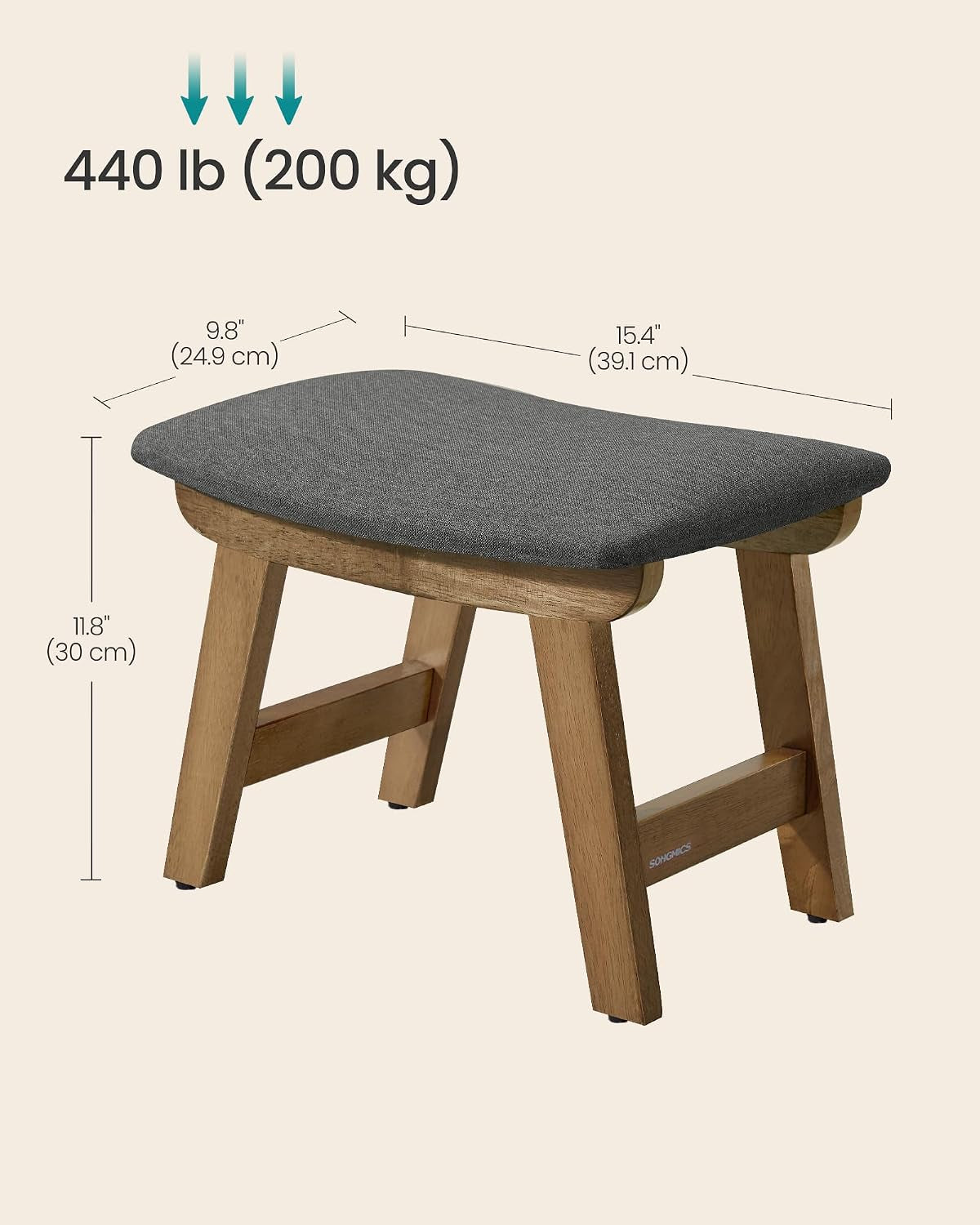 Footstool, Small Foot Stool Ottoman with Rubber Wood Legs, Washable Cover, Curved Padded Footrest for Living Room, 39.1 X 24.9 X 30 Cm, Slate Gray, LSF052GN03