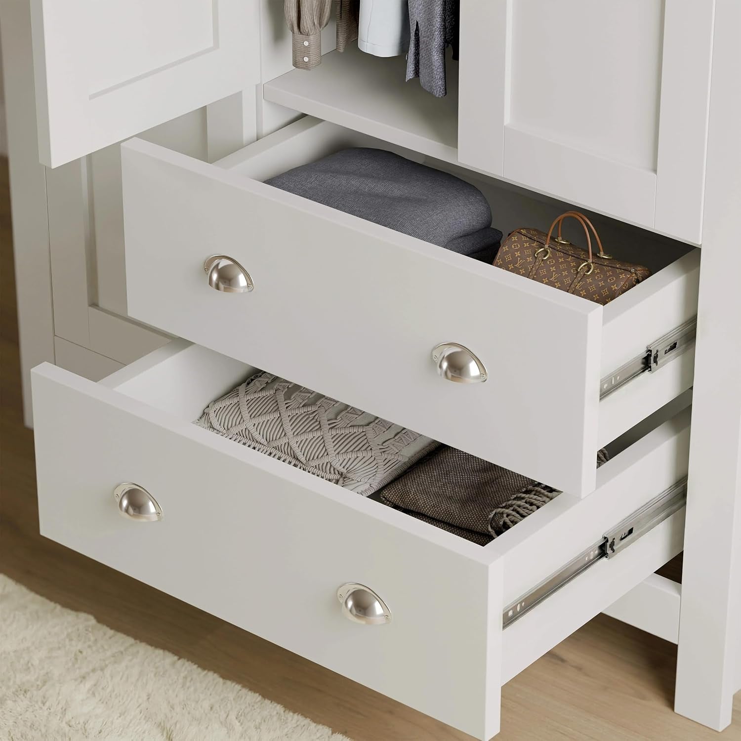 3 Door Wardrobe, MDF Wooden Bedroom Wardrobe with Hanging Rail, Modern Large Storage Cupboard Organiser with 4 Shelves and 2 Drawers, Triple Wardrobe for Bedroom Furniture (White & Oak)