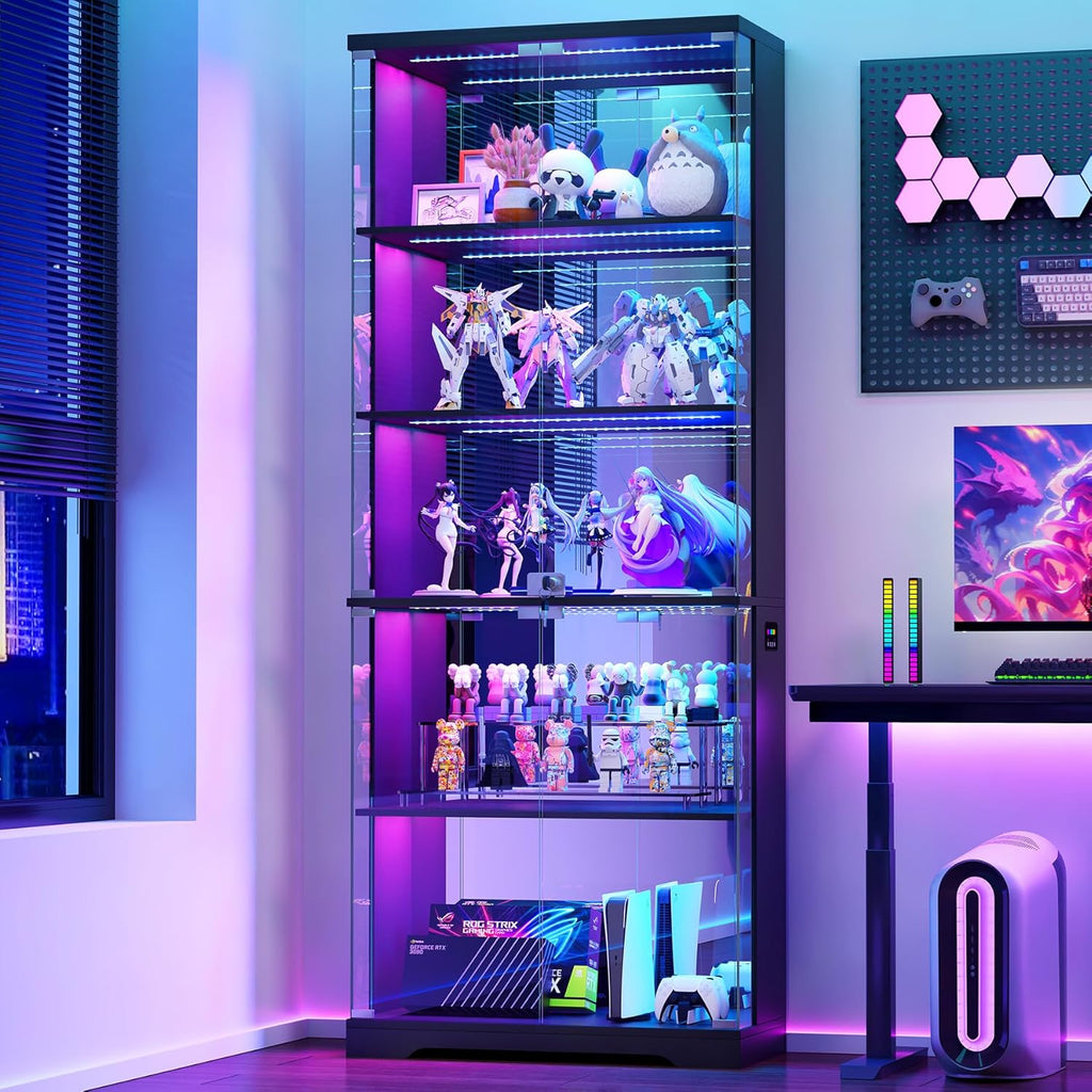 RGB Display Cabinet with Glass Doors, 175CM, Black | RGB Lights, 5-Tier Lockable Shelves for Collectibles/Figures/Books, Smart Human Sensor, for Living Room, Gaming Room