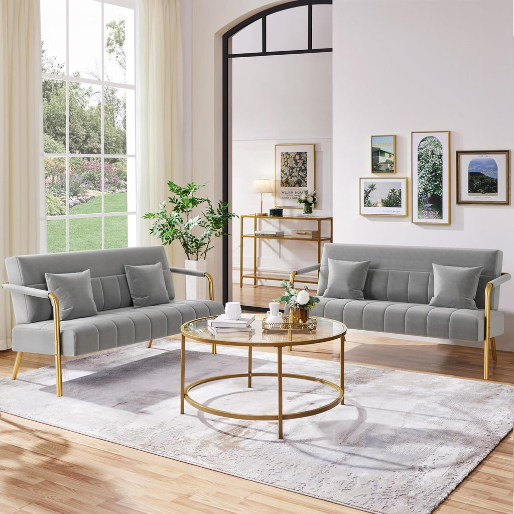 Light Grey 2 Seater Sofa, Velvet Small Compact Loveseat Couch | Upholstered Sofa Bed, Golden Metal Arms and Legs, Small Space for Apartment Bedroom Living Room, Easily Assembly