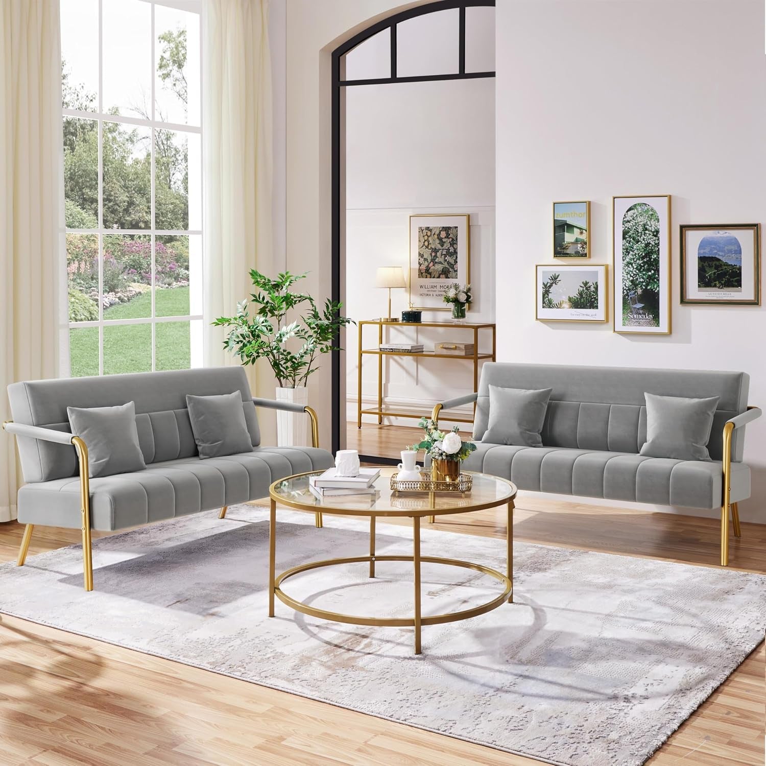 Light Grey 2 Seater Sofa, Velvet Small Compact Loveseat Couch | Upholstered Sofa Bed, Golden Metal Arms and Legs, Small Space for Apartment Bedroom Living Room, Easily Assembly