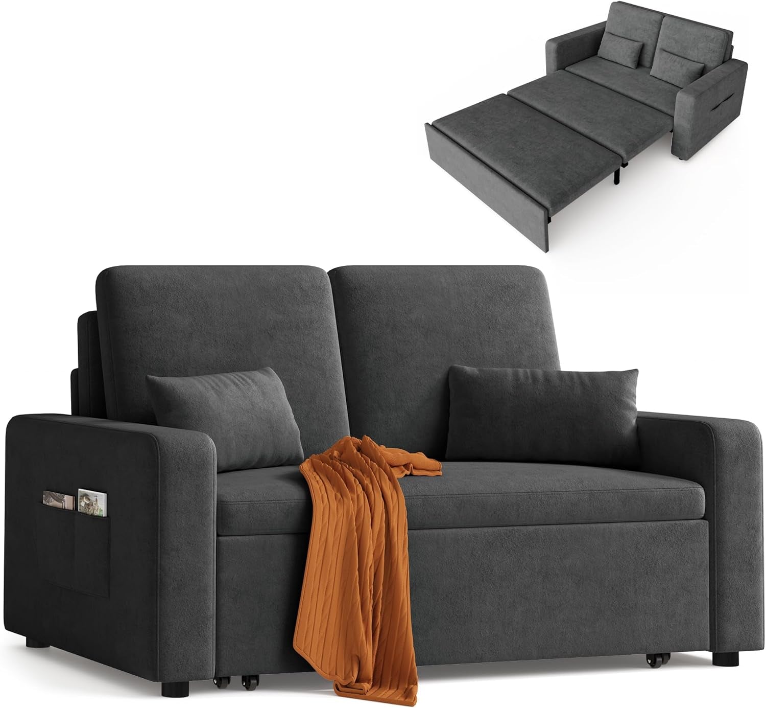 2-Seater Sofa Bed, Extendable Sleeper Couch with Pull-Out Function, Modern Velour Fabric for Living Room, Guest Room or Office