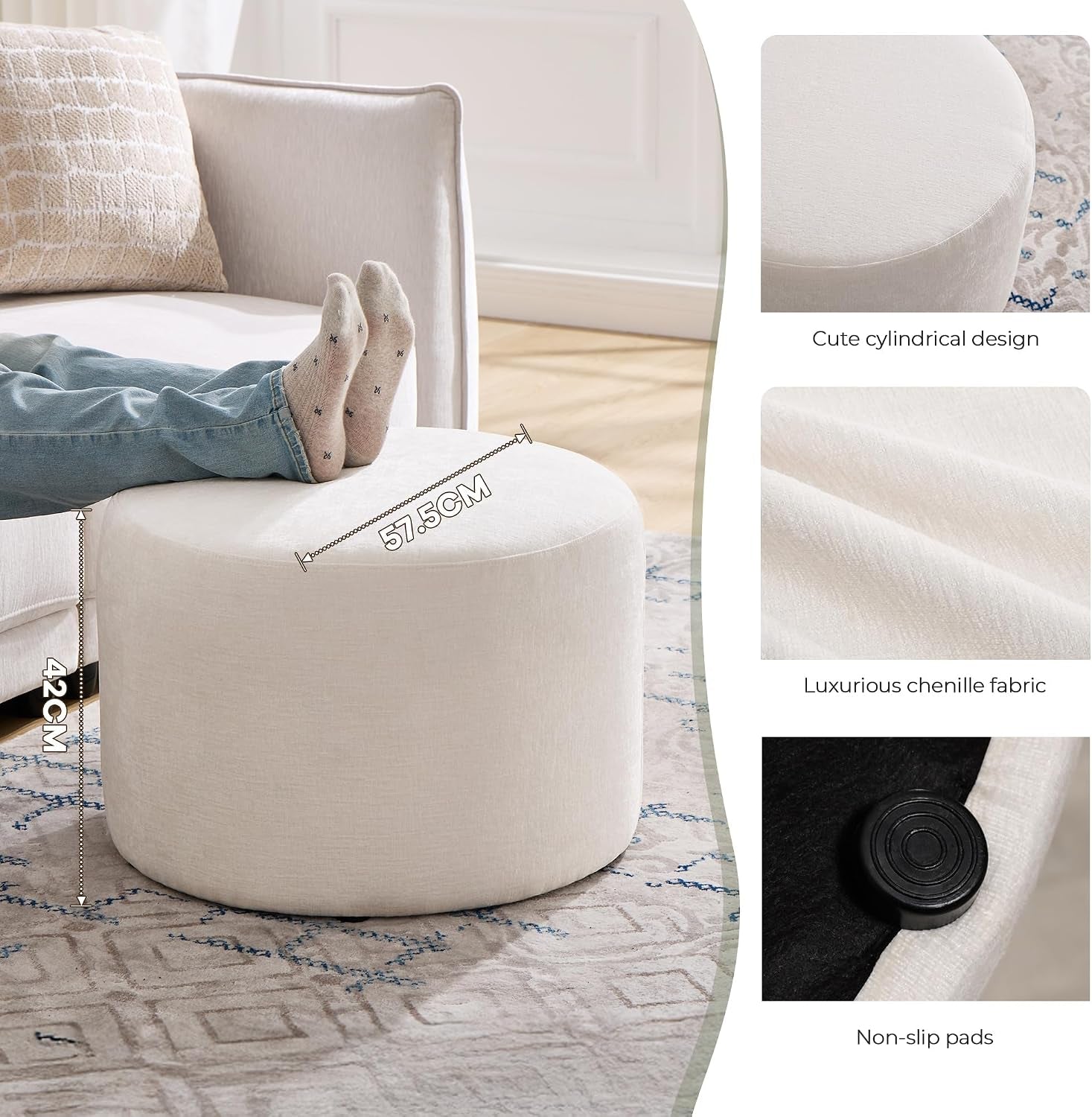 round Ottoman Foot Stool, Large Pouffe Footstool, White | Chenille Upholstered Foot Rest, Wood Frame, 57.5Cm Width, 120Kg Capacity, No Assembly Stool for Living Room Bedroom Hallway