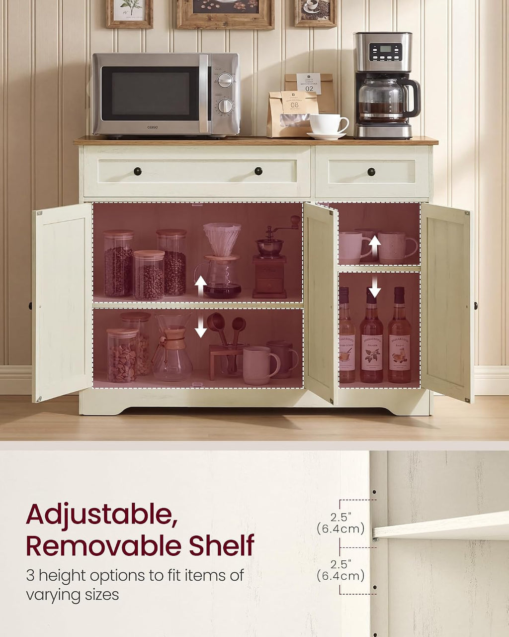 Collection - Storage Cabinet, Farmhouse Buffet Cabinet with 2 Drawers and Adjustable Shelves, 3 Doors, Sideboard, Coffee Bar, 40 X 107 X 80 Cm, Rustic White and Honey Brown SIREN LSC531WJ01