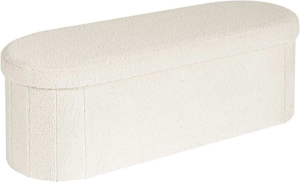 Folding Ottoman Storage Bench,Boucle Footstool Oval, End of Bed Stool, Ideal for Living Room, Bedroom, 100L Storage Space,Cream,110X38X38Cm