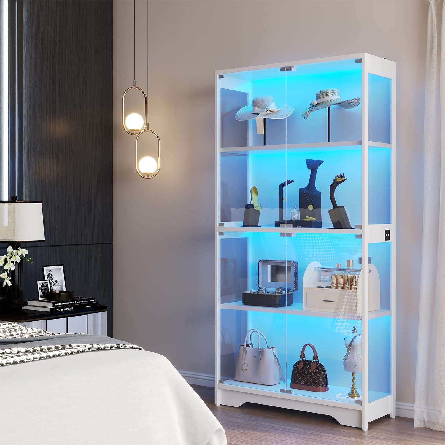 Display Cabinet with Glass Doors, 63" Tall Curio Cabinet with Human Sensor RGB LED Lights, 4-Tier Glass Display Case with 15Mm Thick Shelves for Action Figures, Collectibles, Books - White