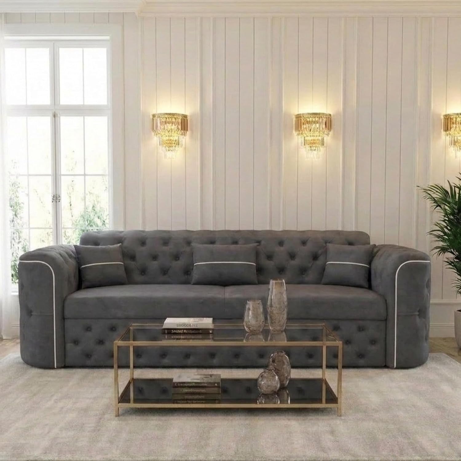 GLAMORA 3 Seater Sofa - Pull Out Convertible Bed with Internal Metal Support Legs & Cushion Set | Soft Plush Suede Couch for Living Room (Gray)