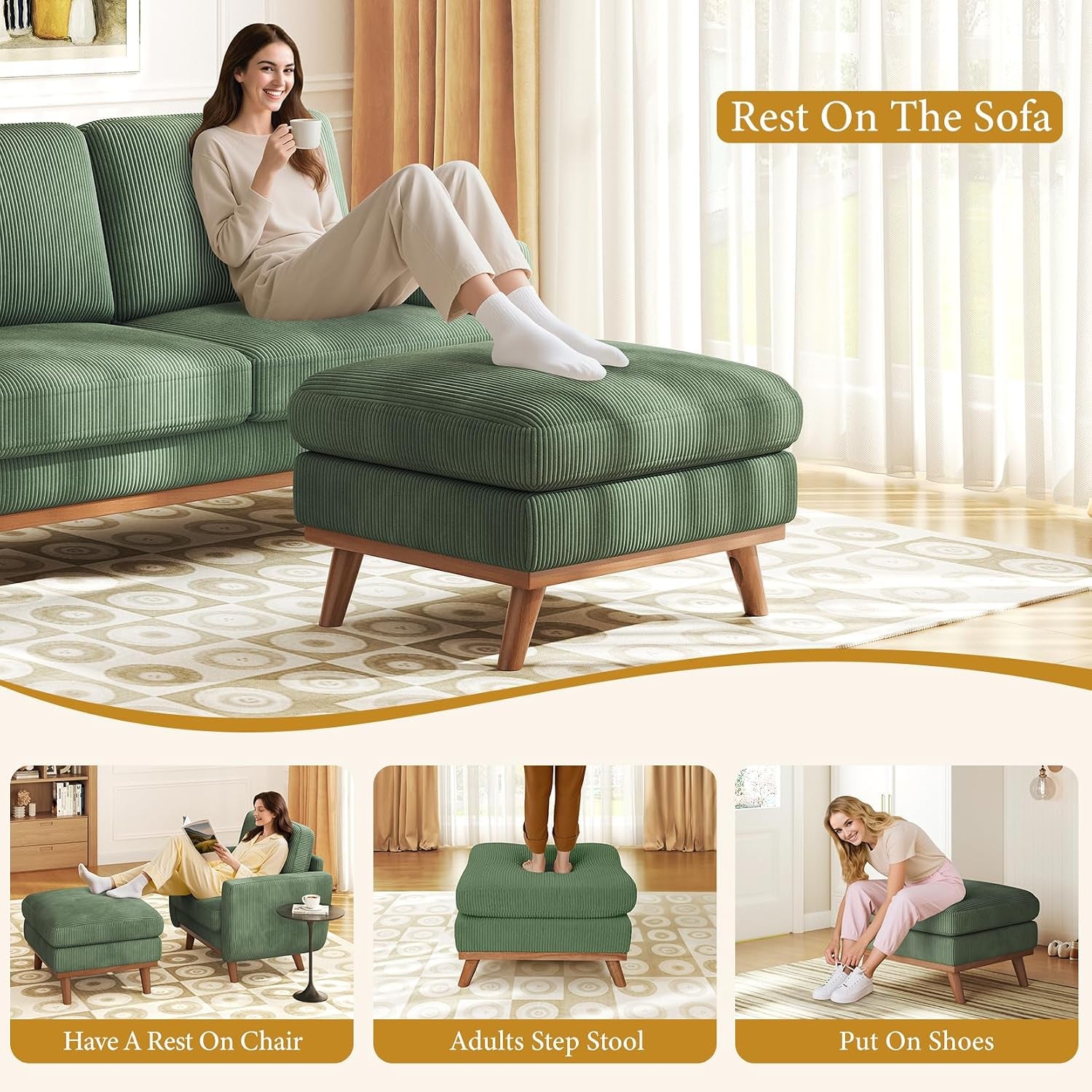 Large Ottoman for Modular Sofa, Large Corduroy Ottoman with Spring Cushion, Rectangle Foot Rest for Couch, Entrance Footstool with Wood Legs, Footstool for Living Room, Bedroom, Green
