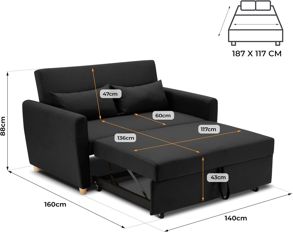 Black 2 Seater Sofa Bed Double, Pull Out Sofa Bed for Adults, Compact Fabric Sofabed with Fold Flat Mattress | Living Room Guest Bed | 140Cm