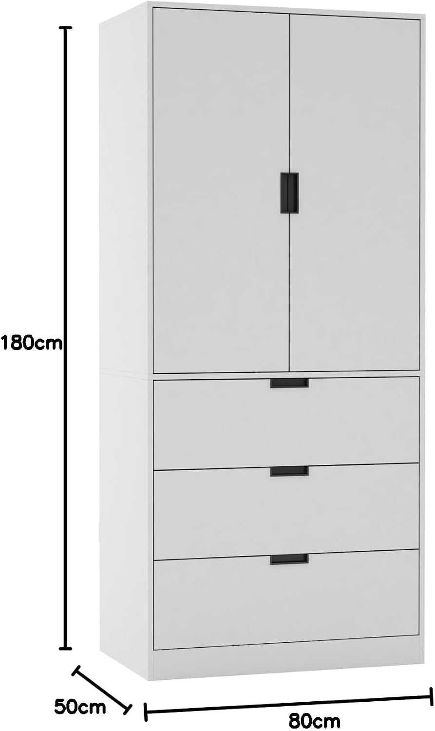Modern 2 Door Wardrobe with 3 Drawers & Hanging Rail, Stylish Freestanding Storage, Spacious Interior, Durable Chipboard Build, Easy to Assemble Bedroom Furniture