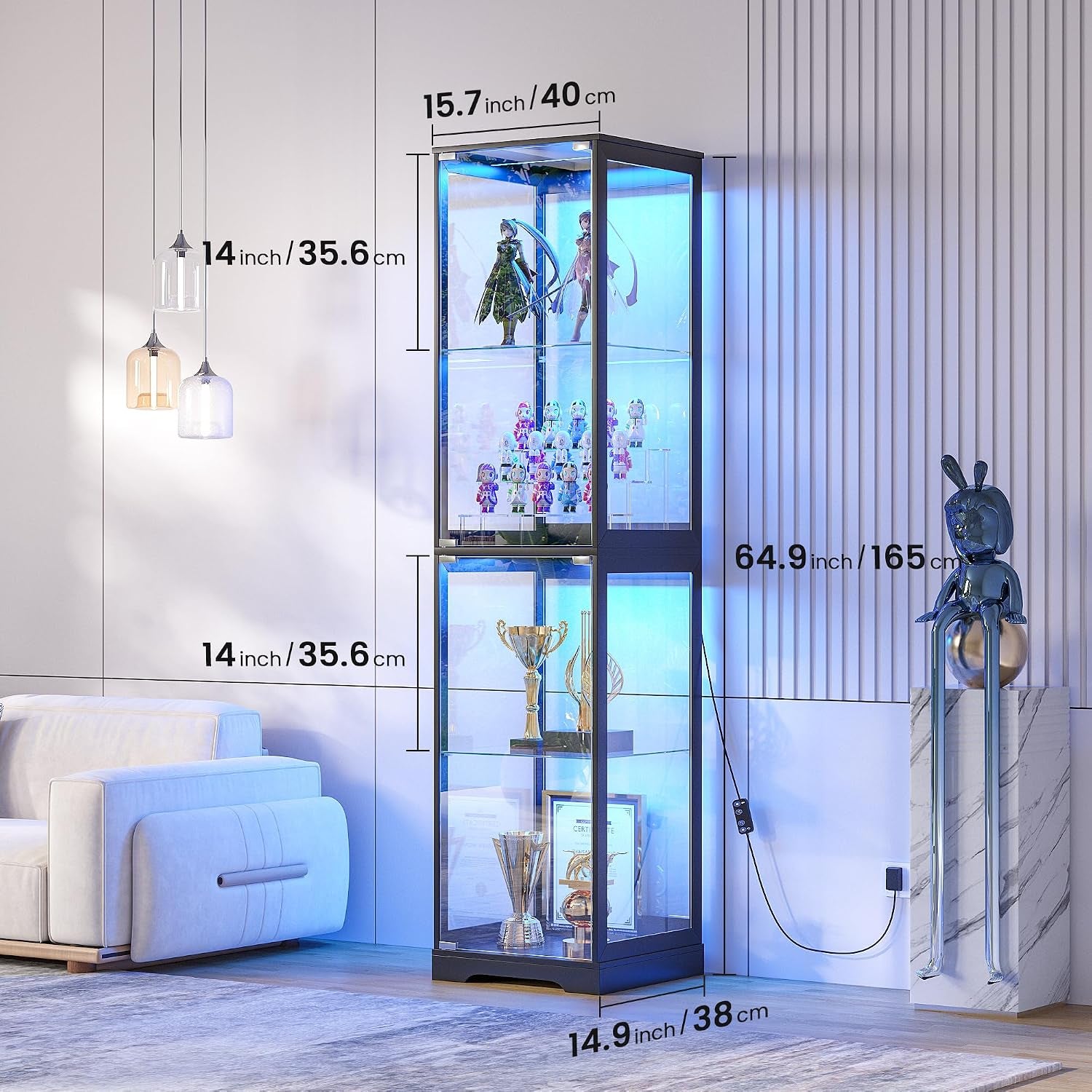 Glass Display Cabinet with LED Lights, 165CM Tall, Black | 3-Color Lights, 4-Tier Storage Shelf, Space-Saving, for Collectibles/Toys/Books, for Living Room
