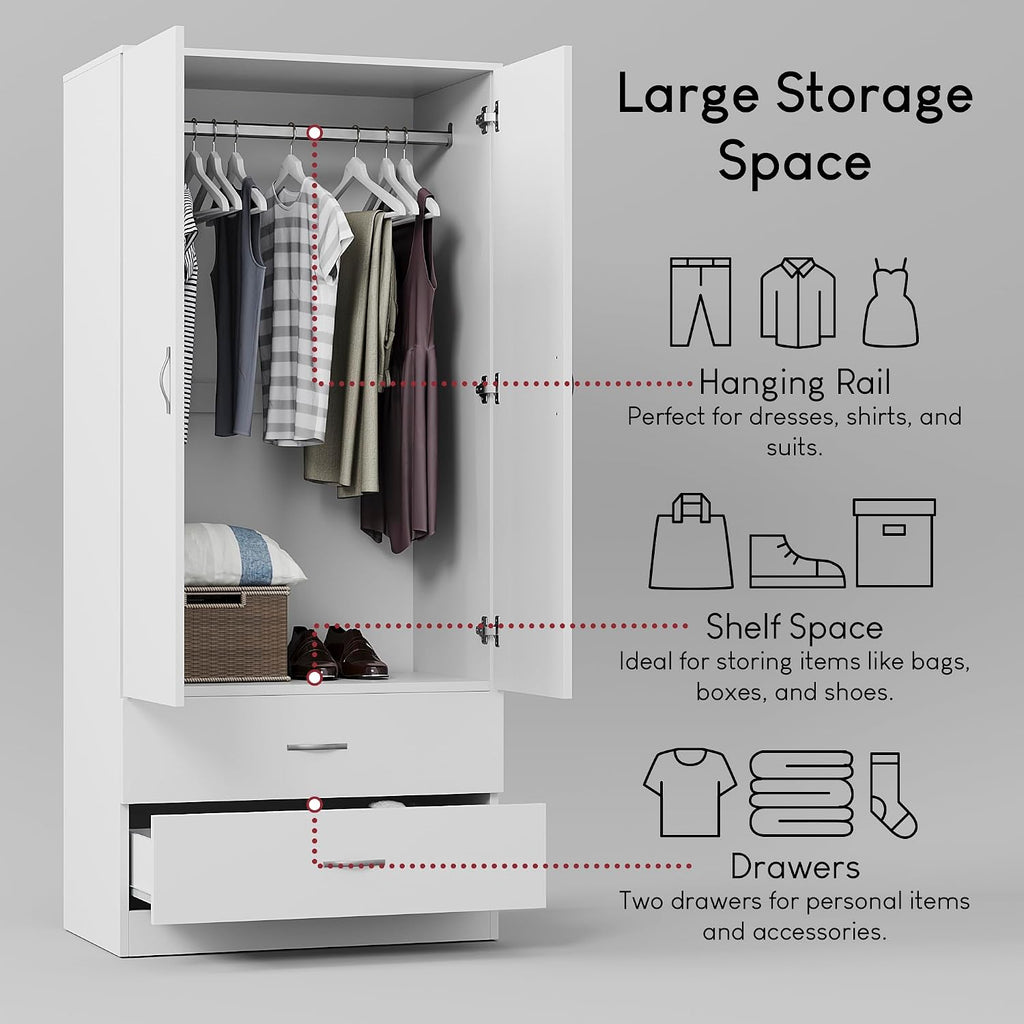 Riano 2 Door & 2 Drawer Wardrobe | White | Bedroom Furniture | 170H X 76W X 53D Cm | with Shelf & Hanging Rail | Large Capacity Storage