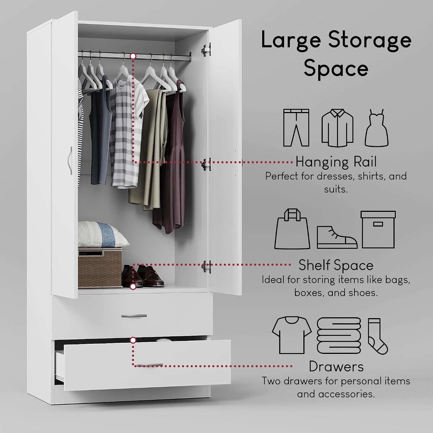 Riano 2 Door & 2 Drawer Wardrobe | White | Bedroom Furniture | 170H X 76W X 53D Cm | with Shelf & Hanging Rail | Large Capacity Storage
